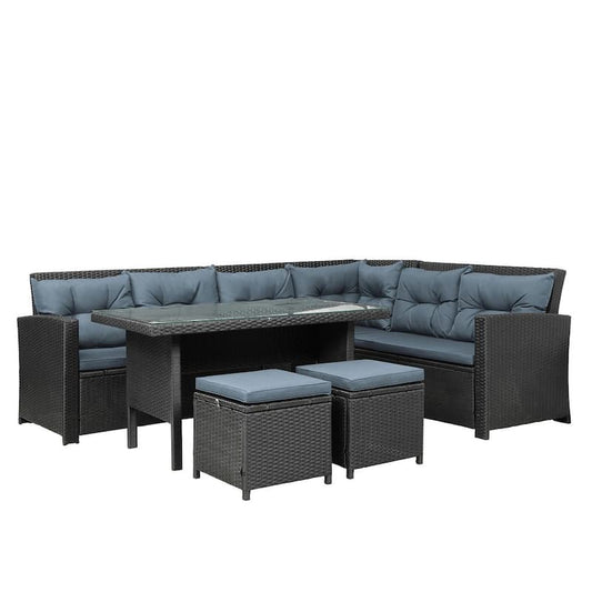 Elisha Black 6-Piece Wooden Outdoor Sectional Sofa with Glass Table, Cushions and Ottoman